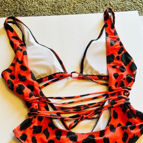 Leopard Print Plunging V-Neck Lace Up Swimsuit Small Red Orange Animal High Cut - Picture 9 of 14